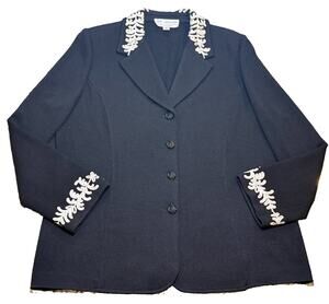 St John Black Santana Knit Evening Jacket Embroidered Collar and Cuffs Size 16